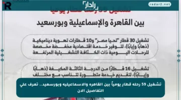 تشغيل 59 رحلة قطار يومياً بين القاهرة والإسماعيلية وبورسعيد.. تعرف على التفاصيل الآن